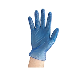 This is an image of Blue Powdered Disposable Vinyl Gloves from ABL Distribution Pty Ltd