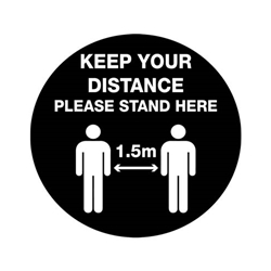 This is an image of Keep Your Distance - Please Stand Here" Self Adhesive Vinyl Floor Marker" from  ABL Distribution Pty Ltd